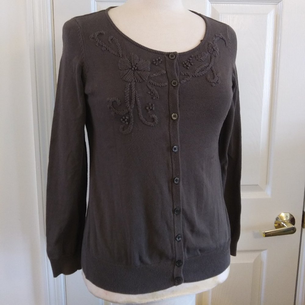 Love 21 | Olive Drab Embroidered Cardigan Long Sleeve Round Neck Casual | L